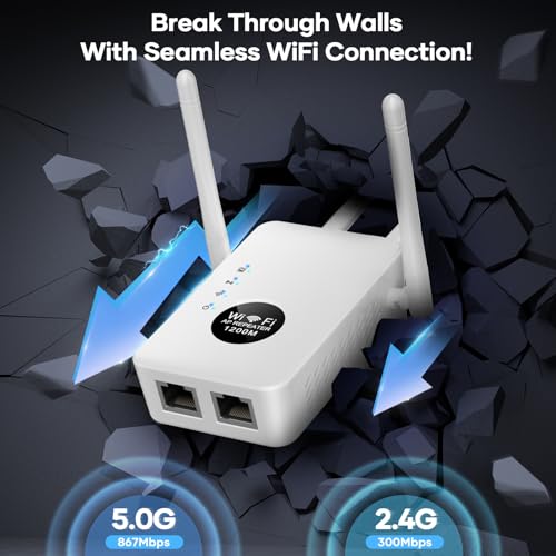 WiFi Repeater,WiFi Extender Signal Booster, 1200 Mbps Covers Up to 12880 Sq.ft and 60 Devices,WiFi Booster Dual Band 5GHz&2.4GHz for Home with Ethernet Port (White)