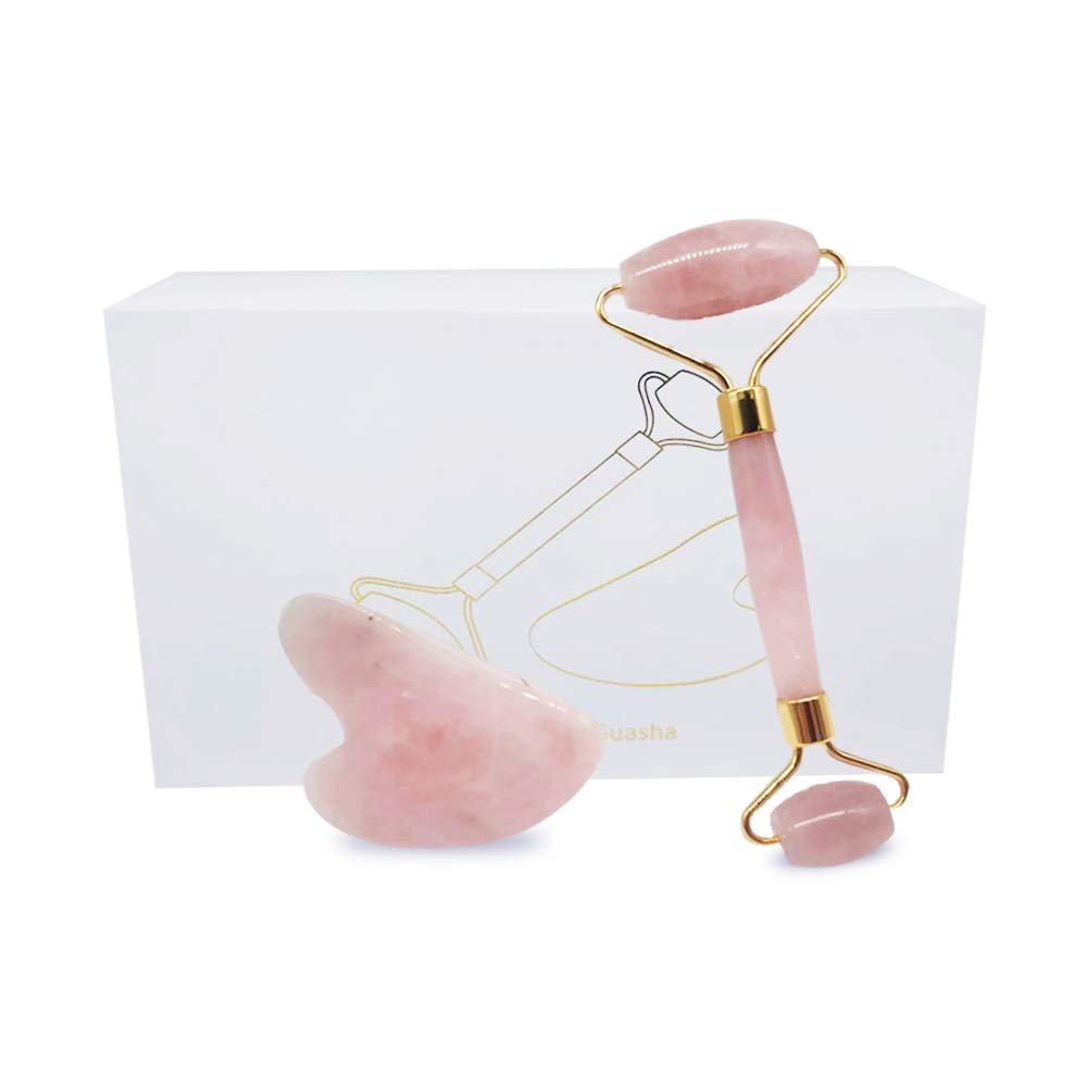 Jade Roller Face Massager Gua Sha Scrapping Set Eye Face Neck Skin Care Tool Natural Rose Quartz Jade Stone Anti Aging Reduces Wrinkles and Tightens Skin, Pink