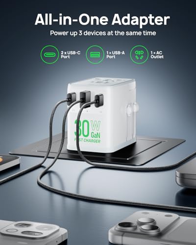 Travel Adapter, Worldwide Universal Charger with European Plug GAN 30W, 4 Ports (1 AC, 1 USB-A, 2 USB-C), for USA, Europe, UK, Australia, Japan, White