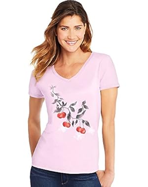 By Hanes Women's Dream of Places Far Away Short Sleeve V-Neck Tee