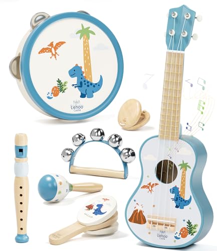 Lehoo Castle Children's Guitar 2 3 Years with Musical Instruments, Wooden Ukulele with Tambourine, Flute, Maracas and Rattle, Montessori Educational Musical Toy Games