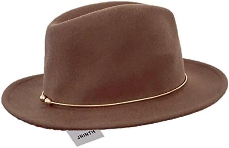 JNINTH Trendy 100% Wool Felt Fedora Hats Wide Brim Comfortable Adjustable Cap with The Unique Metal Circle for Women (Camel)