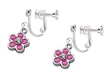 Kids Clip On Screw Type Earrings Pink Flower with Crystal with Free Trinket Gift Box