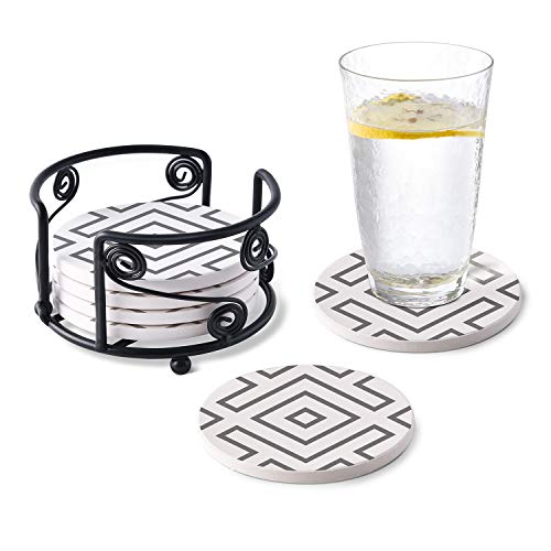 Absorbent Stone Coasters with Metal Holder-set of 6-4" x 4" -1/4" Thickï¼ŒAbsorbentï¼ŒHeat-Resistant - Round Edges Best for Drinks in Office Home or Cottage