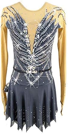 Ice Skating Dress For Girls Women, Handmade Figure Skating Competition Costume With Crystals Long Sleeved Jerseys Gray Roller Skate Dress