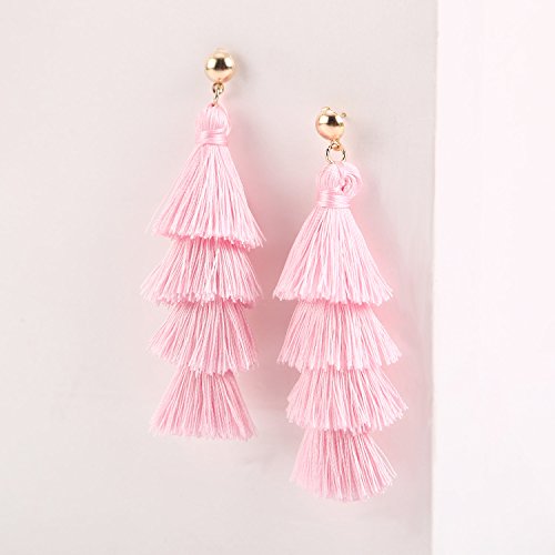 BaubleStar Fashion Gold Tassel Dangle Earrings Layered Long Bonita Tiered Pink Thread Tassel Drop Statement Jewelry for Women Girls