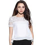 BLDO Women's Short Sleeve Lace Patchwork Short Loose Chiffon Blouse White