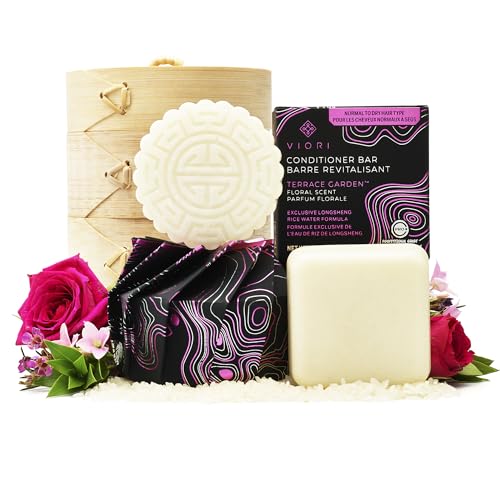 Viori Terrace Garden Shampoo and Conditioner Bar Set and Bamboo Holder- Made with Rice Water for Hair Growth - Handcrafted Sulfate Free Shampoo and Conditioner