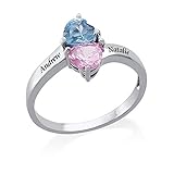 Personalized Heart Birthstone Ring in Sterling Silver - Promise Split Band Ring Engraved with Any Name