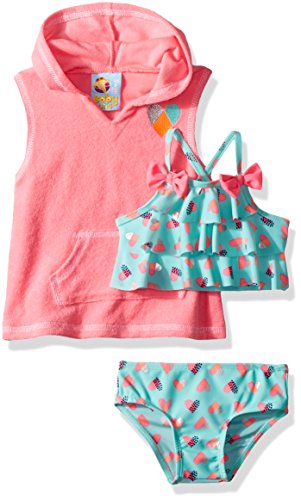 Baby Buns Baby Girls Two Piece Heartbreaker Swimsuit Set With Hooded Cover up, Multi, 24M