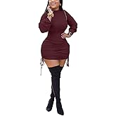 BFFBABY Women Sexy Winter Club Ruched Long Sleeve Drawstring Mini Bodycon Dress