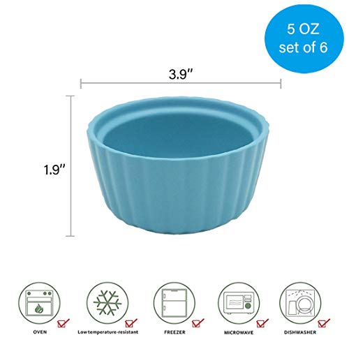 BonNoces 5 Ounce Porcelain Ramekins/Souffle Dishes - Elegant Matte Color Baking Cup for Pudding, Ice Cream and Creme Brulee - Set of 6 (Blue)
