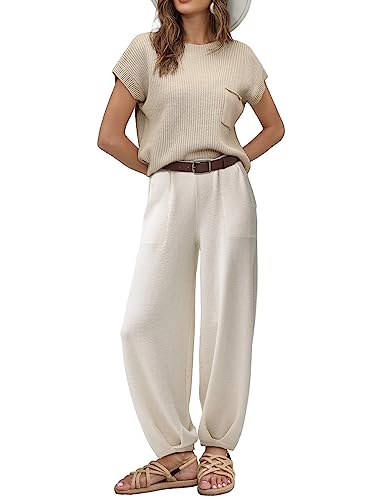 UGERLOV WOMEN’S TWO PIECE OUTFITS SWEATER SETS KNIT PULLOVER TOPS AND HIGH WAISTED PANTS LOUNGE SETS, WHITE, M