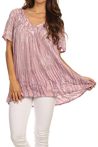 Sakkas 15780 - Elaine Embroidered Batik Scoop Neck Relaxed Fit Flutter Sleeve Blouse - Violet - OS