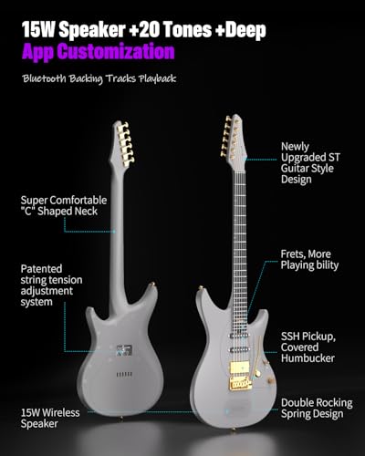 Enya Inspire 39" Smart Carbon Fiber Electric Guitar with 15W Wireless Speaker, 20 Different Sounds Built-In Presets, Charging Cable, Adjustment Key and Case