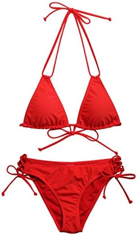 Lebeisa Women's Sliding Bikini Top Criss-Cross Tie Side Classic Bottom Two Pieces Swimsuit S Red