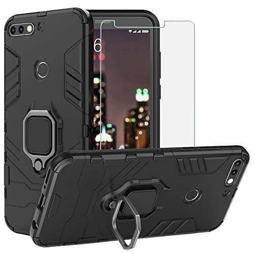 BestAlice for Huawei Honor 7C/Y7 2018/Y7 Prime 2018/Y7 Pro/Enjoy 8/Nova 2 Lite Case, Hybrid Heavy Duty Protection Shockproof Defender Kickstand Armor Case Cover Tempered Glass Screen Protector，Black