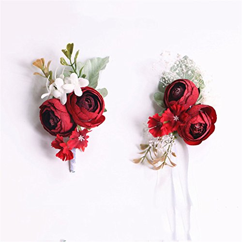 Artificial Silk Flowers Groom Boutonniere Women Bride Wrist Corsage Hand Wedding Flowers Decoration (red boutonniere)