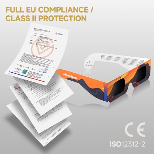 Paquete de 3/5/10/25 Gafas Eclipse Solar Homologadas ISO 12312-2 & Certificación CE - Seguras para la observación directa - Gafas para ver eclipses solares - AAS Lista - Eclipse total 2026