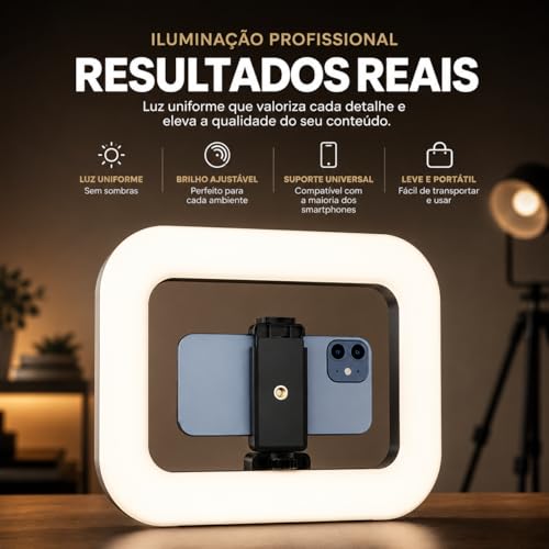 Iluminação Selfie Luz LED Ring Light Estabilizador com Suporte Celular Universal Com Luz De Selfie Youtuber Gravação Fotos Makes Linha Super Premium