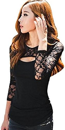 Sexy Women Lace O-Neck Long Sleeve Ladies T-Shirt Casual Blouse Tops