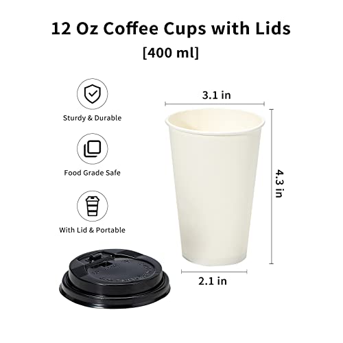 Disposable Coffee Cups with Lids 12 oz 100 pack, 12 oz Coffee Cups with