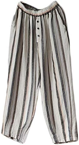 Women's Striped Wide-Leg Cropped Pants Linen Capri Harem Casual Trousers