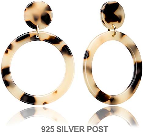Enameljewelries Hoop Earrings Statement Acrylic Resin Round Circle Hoop Earrings with 925 Sterling Silver Post Bohemian Tortoise Shell Earrings for Women