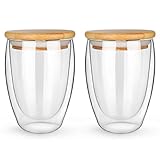 NimaTea Glass Mug Set of 2, 12 Ounces Each, Double Wall Insulated Drinking Cup with Bamboo Lid, Also Good as Tea, Coffee and Wine Cups. Keeps Warm and Cold Drinks Longer. Comfortable to Touch