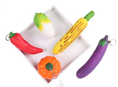 Anboor 5 Pcs Jumbo Slow Rising Kawaii Vegetable Squishies Toy for Collection Gift with Phone Strap Key Chain,Pumpkin,Cabbage,Eggplant,Pepper,Bake Corn,Color Random
