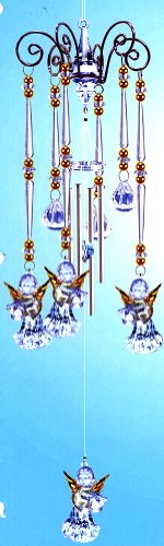 Harp Playing Guradian Angels -Golden Winged Chandelier Wind Chime- Mobile Style, 3 Acrylic Prisms Creates a Sparkling Colorful Effect in Bright Sunlight, Indoor - Outdoor Decor 20 Inches 