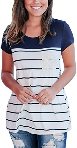 Slimming Girl Shirts for Women Loose Tee and Top Casual Tunic Color Block Striped Blouses Blue XL