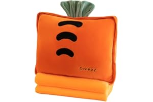 Rikyo 15" Stuffed Fruit Travel Blanket and Pillow Set,3 in 1 Plush Stuffed Hugging Pillow with Warming Hands Pillow Blanket for Kids Gift Travel Airplane Train Bed Office Nap (Carrot - Orange)
