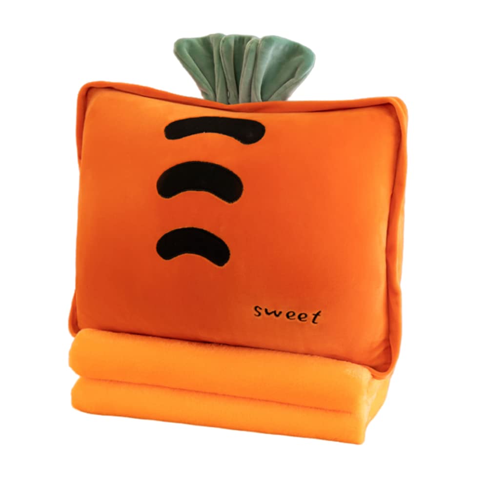 Rikyo 15" Stuffed Fruit Travel Blanket and Pillow Set,3 in 1 Plush Stuffed Hugging Pillow with Warming Hands Pillow Blanket for Kids Travel Airplane Train Bed Office Nap (Carrot - Orange)
