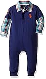 U.S. Polo Assn. Baby Boys' Long Sleeve 2 fer Romper, Marina Blue, 3-6 Months