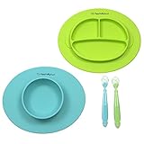 Silicone Bowl and Silicone Plate Easily Wipe Clean - Self Feeding Set Reduces Spills - Spend Less Time Cleaning After Meals with a Baby or Toddler - Set Includes 2 Colors (Turquoise/Lime Green)