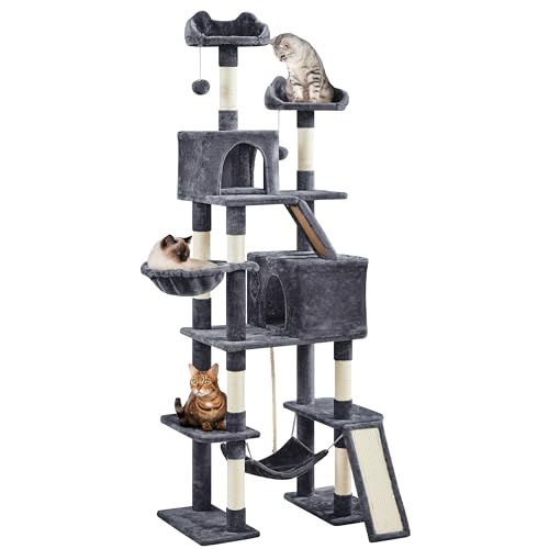 - Árbol para Gatos Gigante, Altura 209 cm, multinivel, con Postes de sisal, árbol para Gatos de Madera, con rascadores, 2 Perchas, diseño Lindo, 2 Grandes nichos, Cesta Hamaca de 2 Bolas