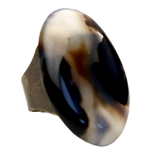 Satin Crystals Sardonyx Ring 5-11" Specialty Black White Oval Stone One-of-Kind Adjustable Antiqued Bronze S03