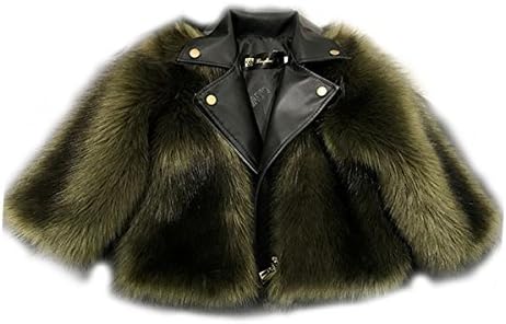 Keemella Children Fox Faux Fur Coat Girls Boys Motorcycle Leather Jacket Outwear for Child (4T, Army Green)
