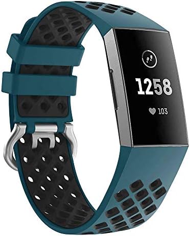 DEKER Sport Bands Compatible for Fitbit Charge 3 Bands Charge 3 SE Fitness Tracker Women Men, Breathable Holes Silicone Smart Watch Strap Small Large Accessories Wristbands (F-Blue&Black, Small)