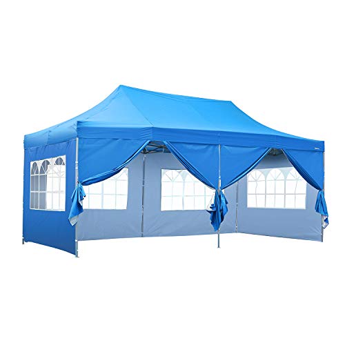 KOOLWOOM 10x20 FT Pop up Canopy Carport,Party Tent Folding Heavy Duty Gazebo with Removable Sidewalls and Wheeled Bag Waterproof (Blue with 6 Sidewalls)