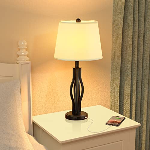 USB Table Lamp Set of 2, Seealle White Modern Table Lamps for Living