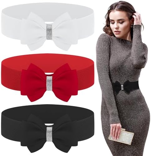 BODIY Women Bow Stretch Waist Belt Red Crystal Wide Dresses  display picture 3
