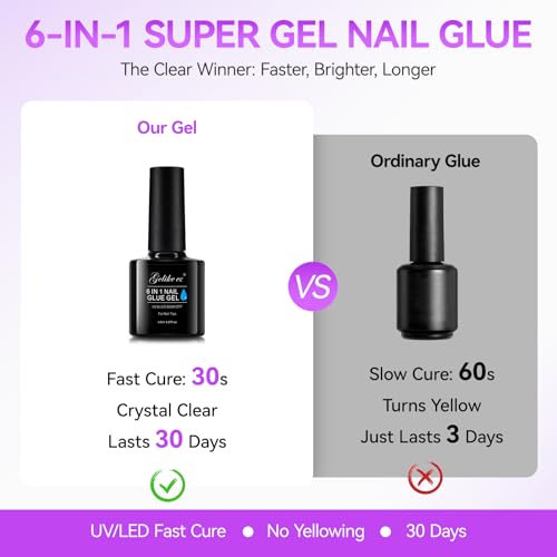 Gelike Ec Gel Nail Glue - 6 in 1 UV Nails Glue Base Coat Strong Adhesive for False Nails Acrylic Tips Press On Nails