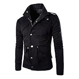 Men's Fall Slim Fit Trench Thick Military Rider Jacket SR708 (US Large, Black)