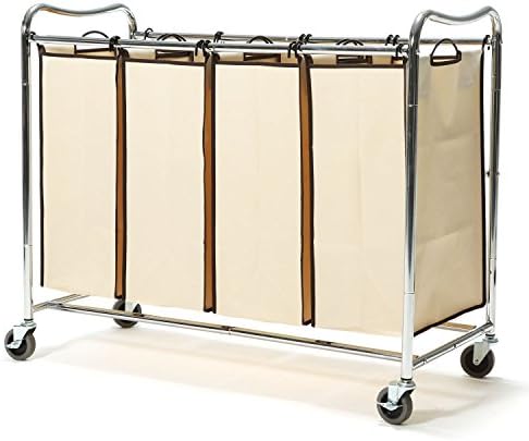 HANKEY Heavy-Duty 4-Bag Rolling Laundry Sorter Storage Cart with Wheels,Chrome Brown