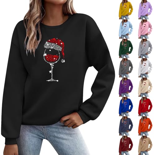 xmas jumper,black jumper women,christmas jumpers for women,Xmas Long Sleeve elegant round neck wine glass Print Casual Comfortable Sweatshirt Light Workout tops,L