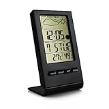Fineed Mini Indoor Humidity Gauge, Temperature and Humidity Monitor, Digital Alarm Clock Snooze Calendar and Home Weather Station, Large LCD Display (Black)
