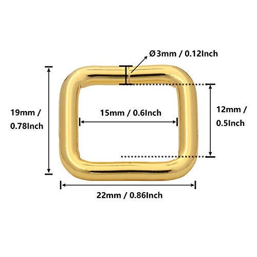 BIKICOCO Metal Rectangle Ring Buckles Square Strap Webbing Belt Rings for Bag Purse Non Welded 0.6 x 0.5 Inch, Gold, Pack of 30