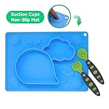 Silicone Placemat for Kids + Bonus Spoon & Fork Set with Carrying case - Portable Baby Plate, Non Toxic, Dishwasher + Microwave + Oven Safe, Table Suction, Easy to Clean, by Koality Goods - Sky Blue